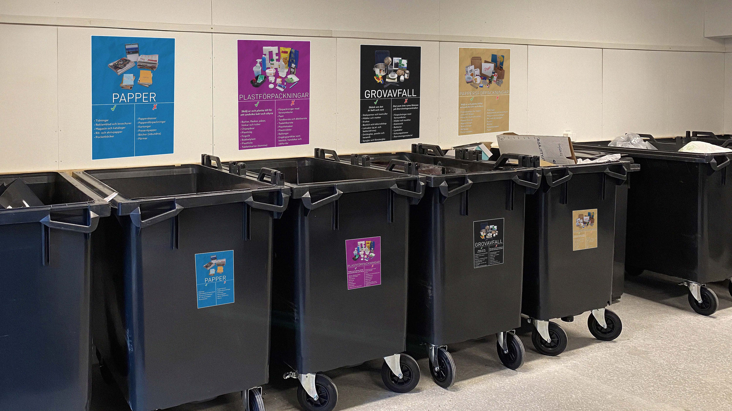 Soprum eller miljörum med skyltning på sopsortering för återvinning